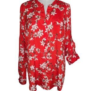 Calvin Klein Floral Blouse Womens L Coral Orange Roll Tab Sleeve Utility Top